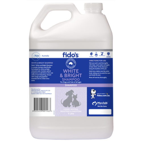 Fidos White & Bright Shampoo Conditioner  5L Dog Cat Soap Free