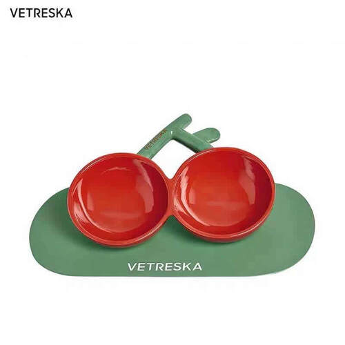 VETRESKA Ceramic Pet Food Bowl Feeding Bowl Pet Dish Cherry Shaped 2 in 1 Bowl