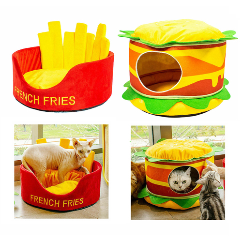 Hamburger Fries Cat Bed Dog Bed Pet Warm Soft Plush Round Nest Comfy Sleeping AU