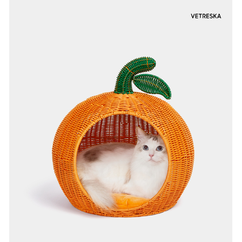 Vetreska Solid Rattan Pet og Cat Bed Washable House Basket Toy-Orange